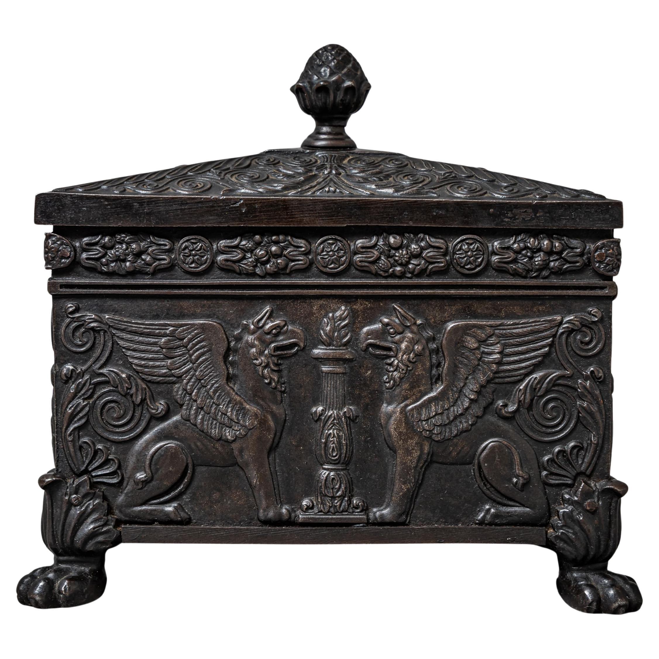 Early 19th Century Berlin Iron Tobacco Box with Griffin Decoration For Sale