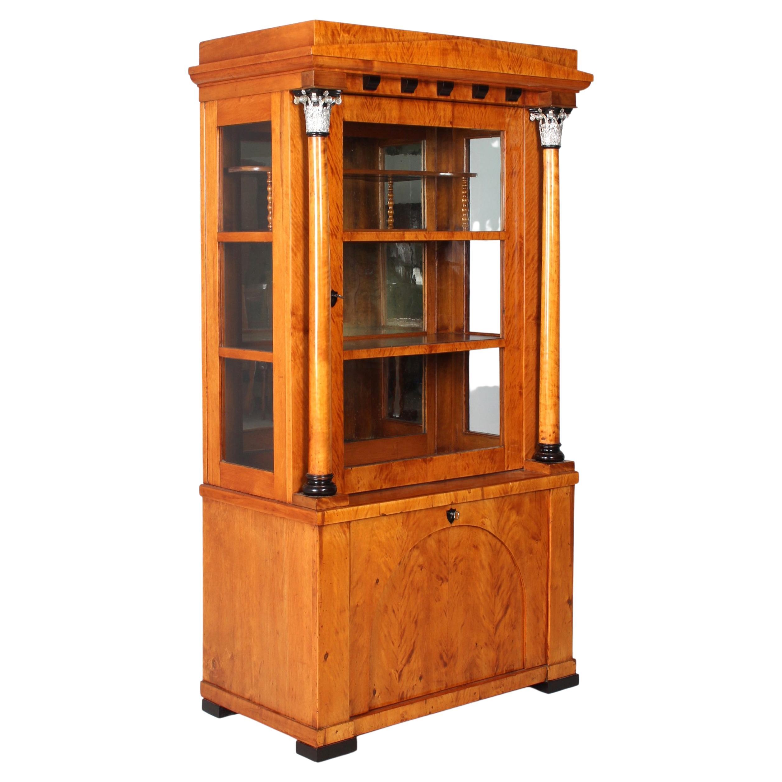 Early 19th Century Biedermeier Display Cabinet with Columns, Vitrine, Birch