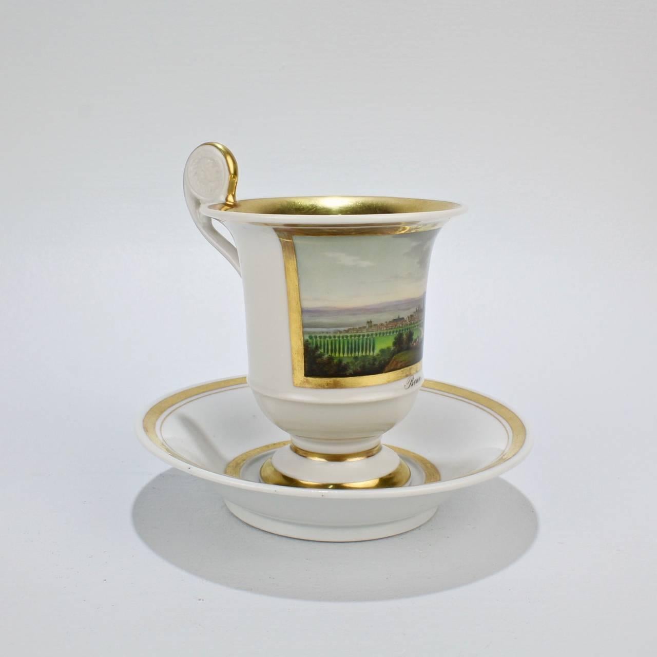 Hand-Painted Early 19th Century Biedermeier Period Topographical Porcelain Cup and Saucer For Sale