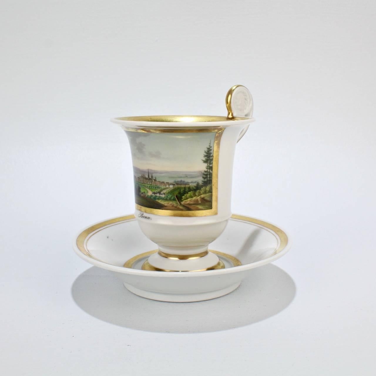 Early 19th Century Biedermeier Period Topographical Porcelain Cup and Saucer In Good Condition For Sale In Philadelphia, PA