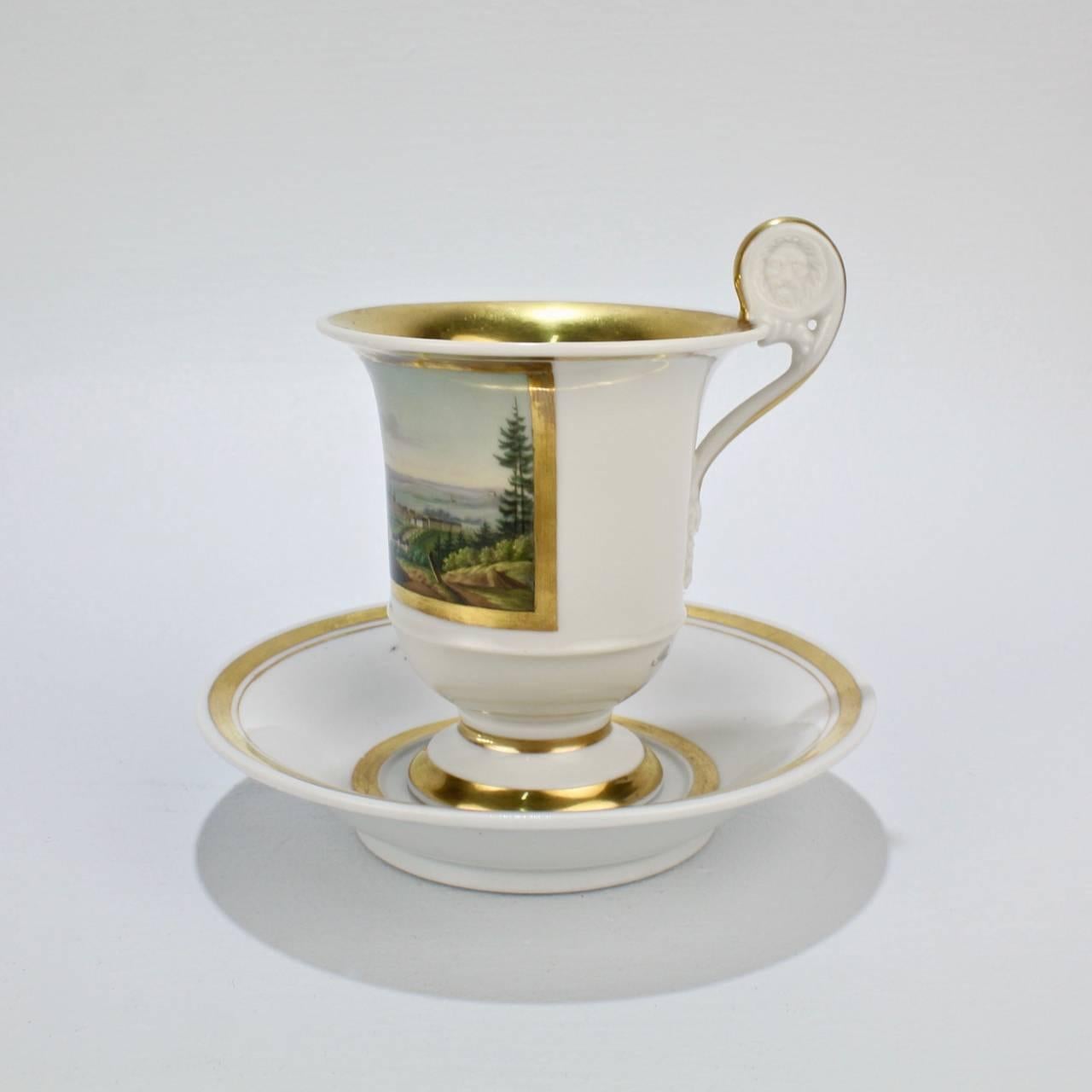 Early 19th Century Biedermeier Period Topographical Porcelain Cup and Saucer For Sale 1