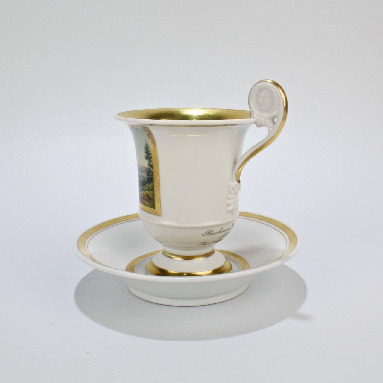 Early 19th Century Biedermeier Period Topographical Porcelain Cup and Saucer For Sale 1