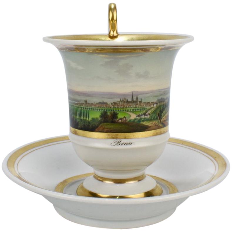 Early 19th Century Biedermeier Period Topographical Porcelain Cup and Saucer