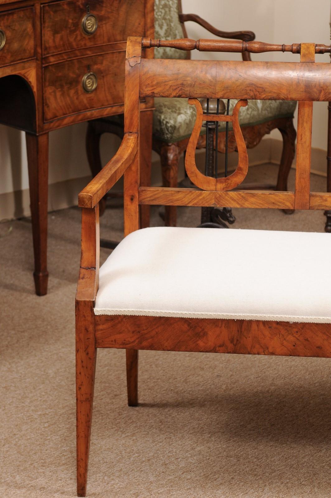 Hand-Carved Early 19th Century Biedermeier Settee with Lyre Back Splat