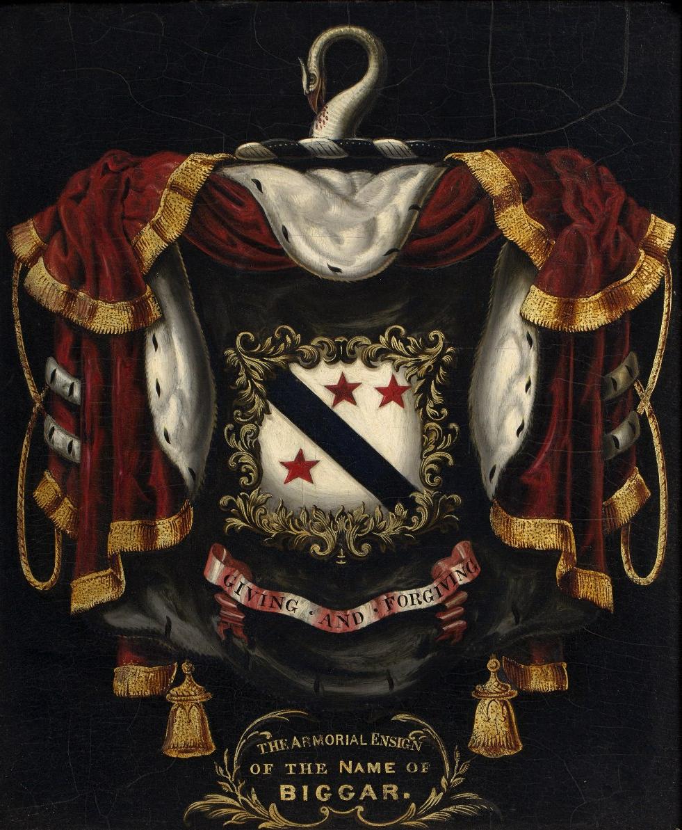 A large oil on board armorial from the biggar family, finely painted and gilded. The panel sits in a later frame of the same period, as you can see from the photographs the gesso has some missing sections what remains is stable and secure

The