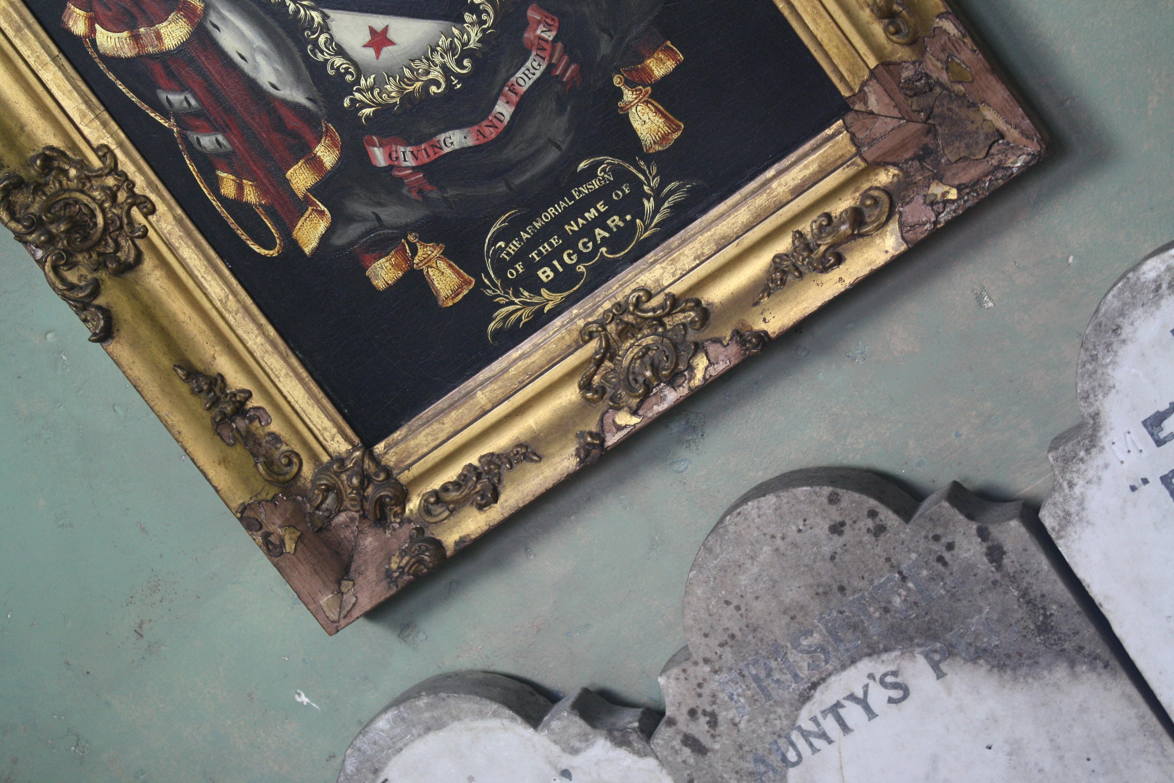 George III Early 19th Century Biggar Family Crest, Oil on Board Large Armorial Coach Panel