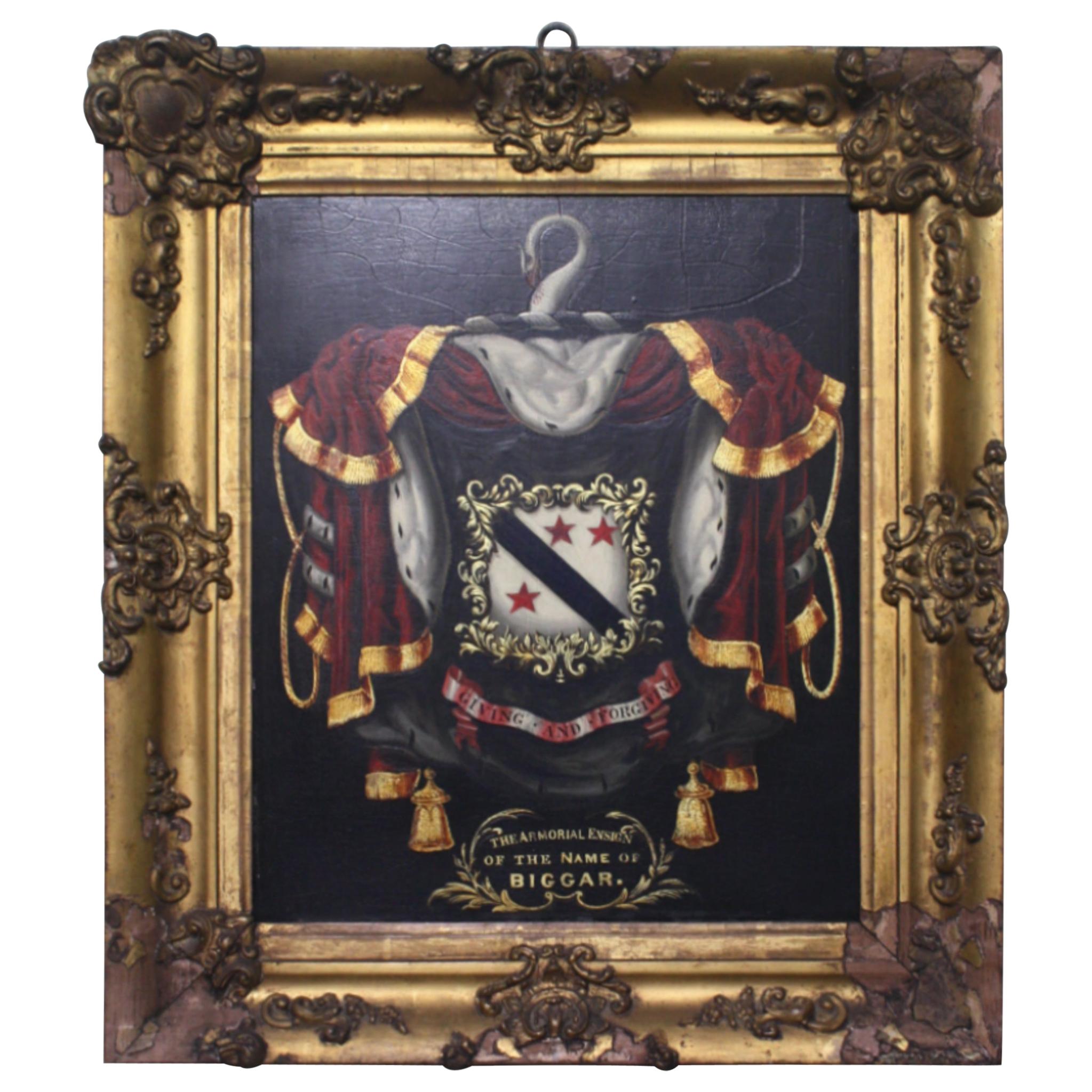 Early 19th Century Biggar Family Crest, Oil on Board Large Armorial Coach Panel