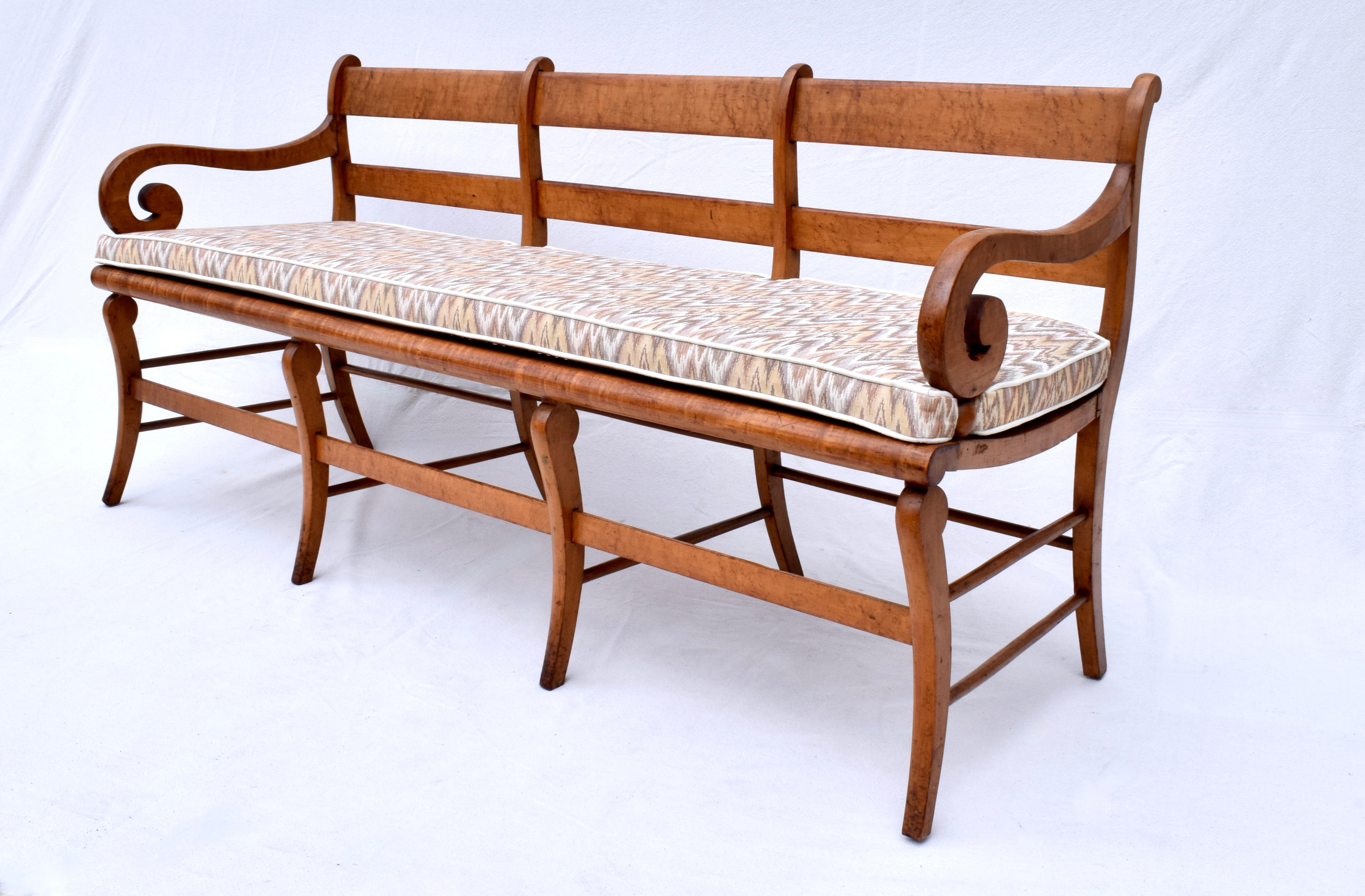 Cotton Early 19th Century Bird’S-Eye Maple Sabre Leg Caned Bench For Sale