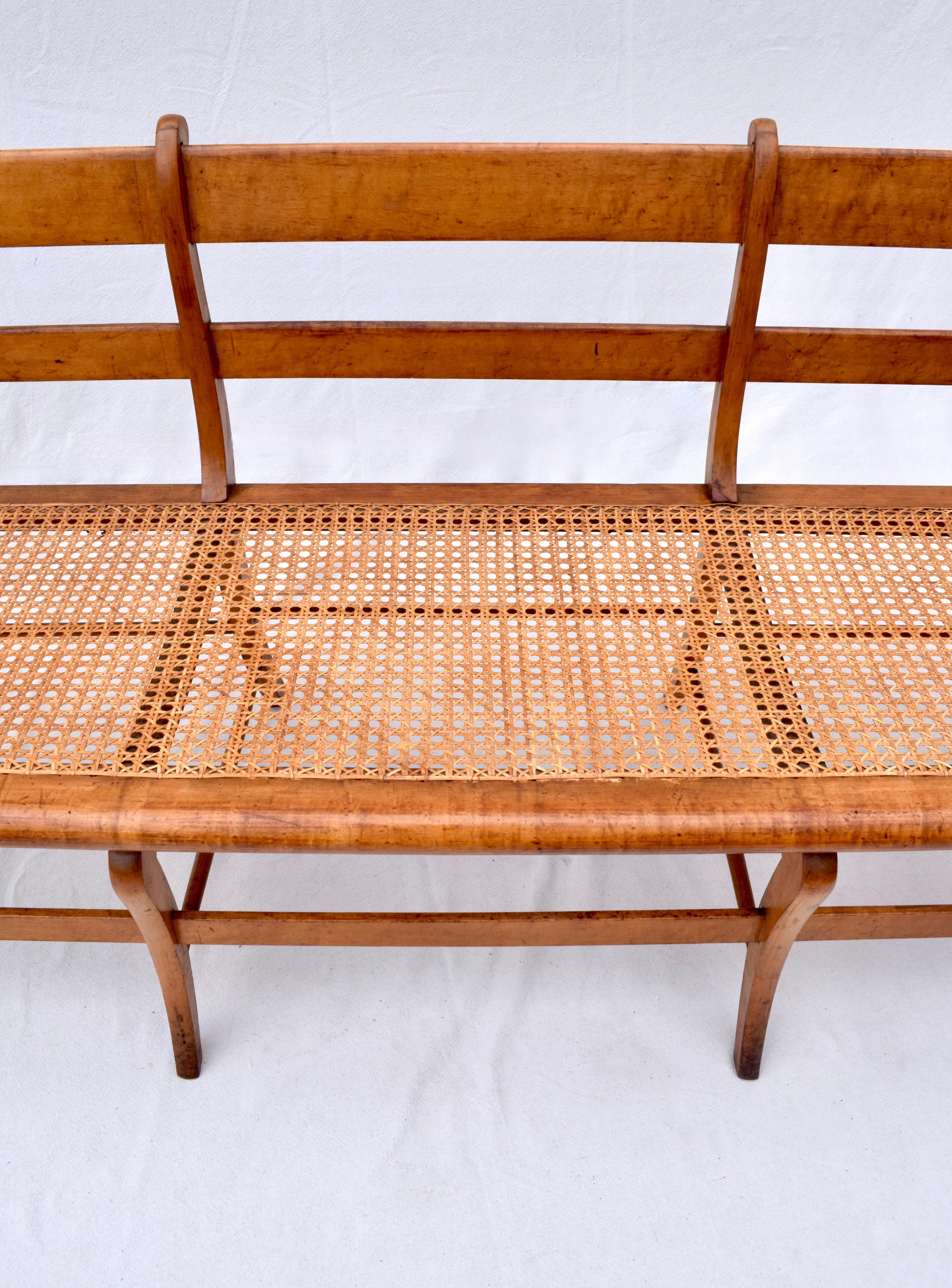 Early 19th Century Bird’S-Eye Maple Sabre Leg Caned Bench For Sale 2