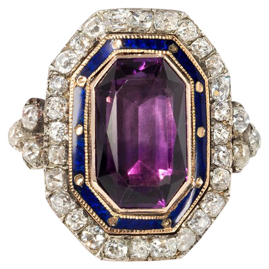 Early 19th Century Bishop's Ring with Amethyst, Diamonds, and Blue Enamel