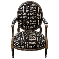 Early 19th Century Black and Gilded Armchair Black and White Ethnic Fabric