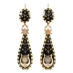 Early 19th Century Black and White Swiss Enamel and Gold Pendant Earrings