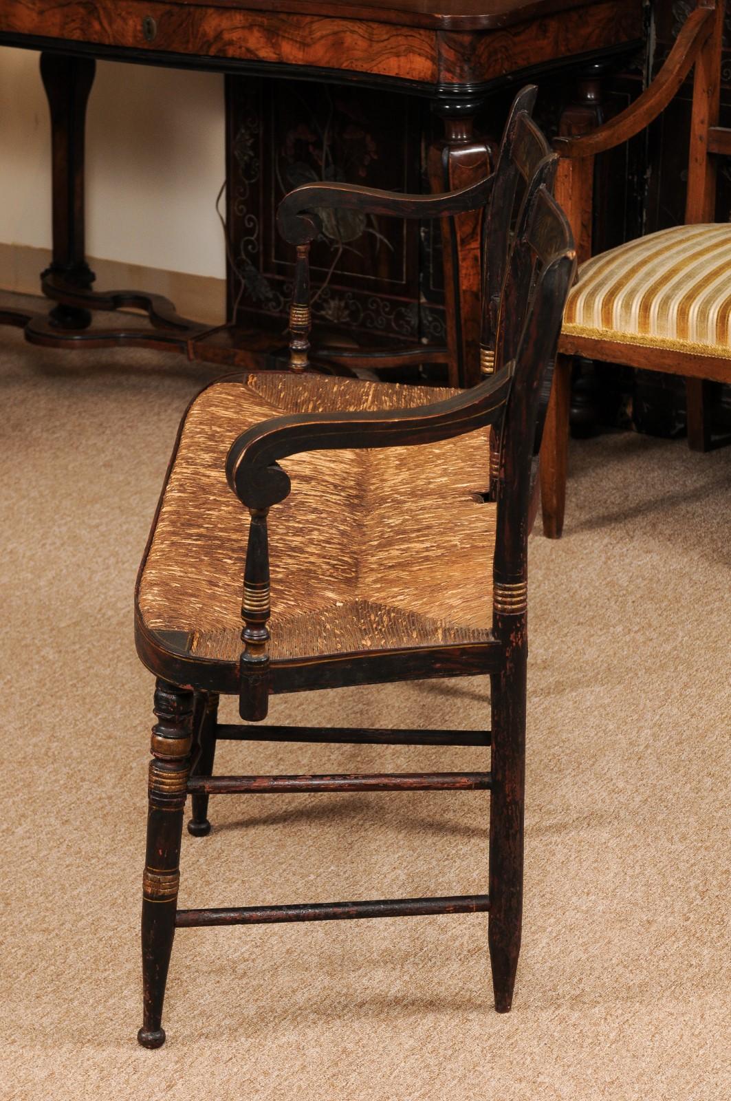 Early 19th Century Black Painted Bench with Lyre-Form Backs-Plats & Rush Seat For Sale 4