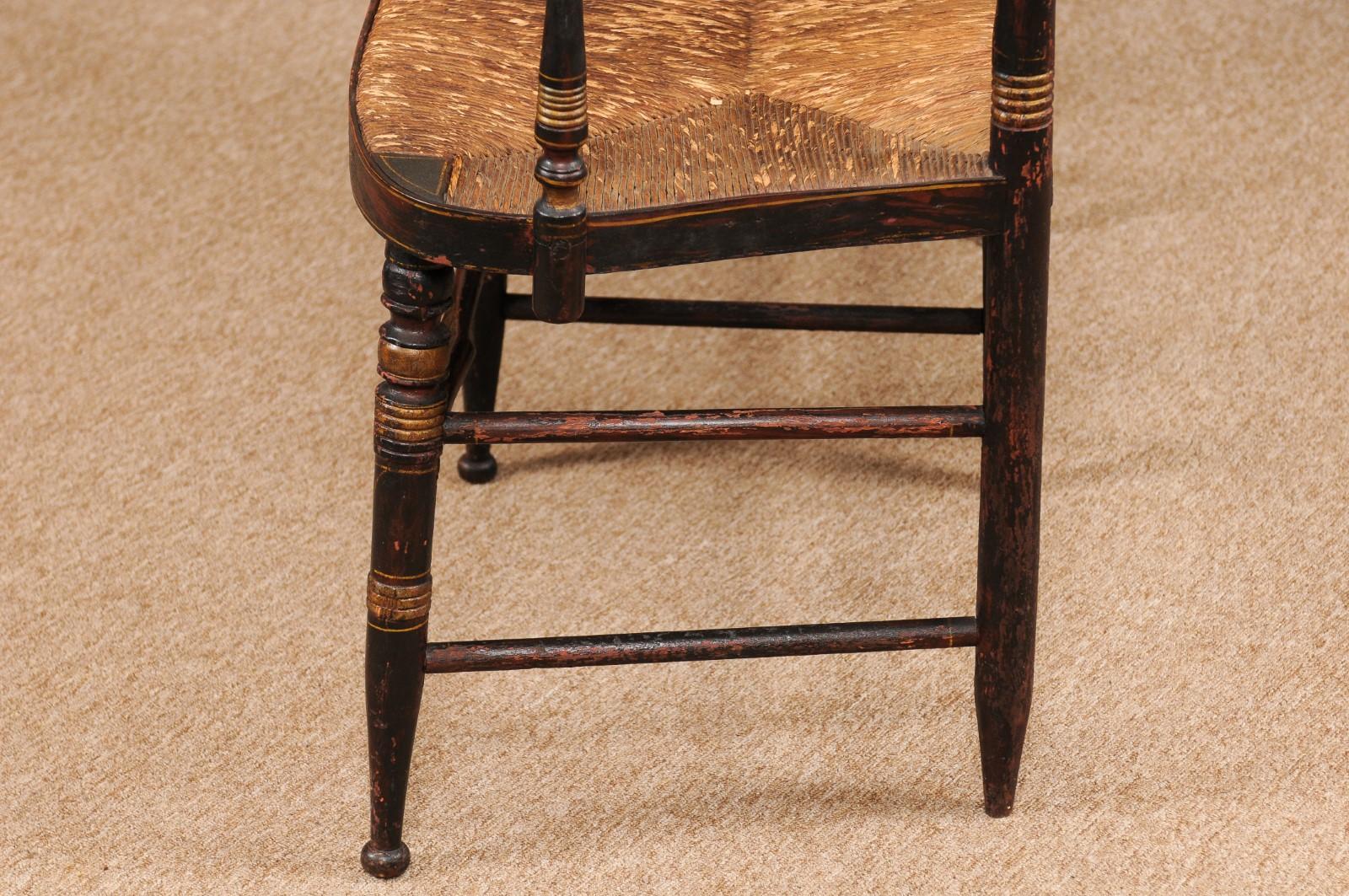 Early 19th Century Black Painted Bench with Lyre-Form Backs-Plats & Rush Seat For Sale 5