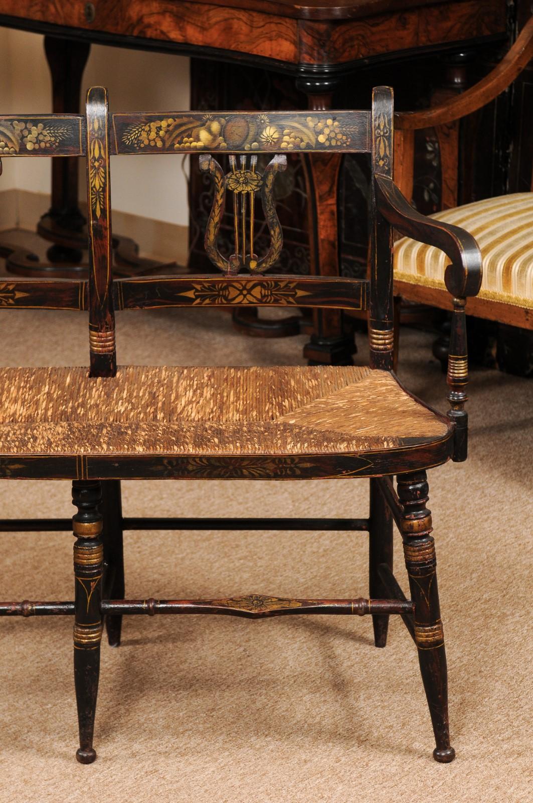 American Early 19th Century Black Painted Bench with Lyre-Form Backs-Plats & Rush Seat For Sale