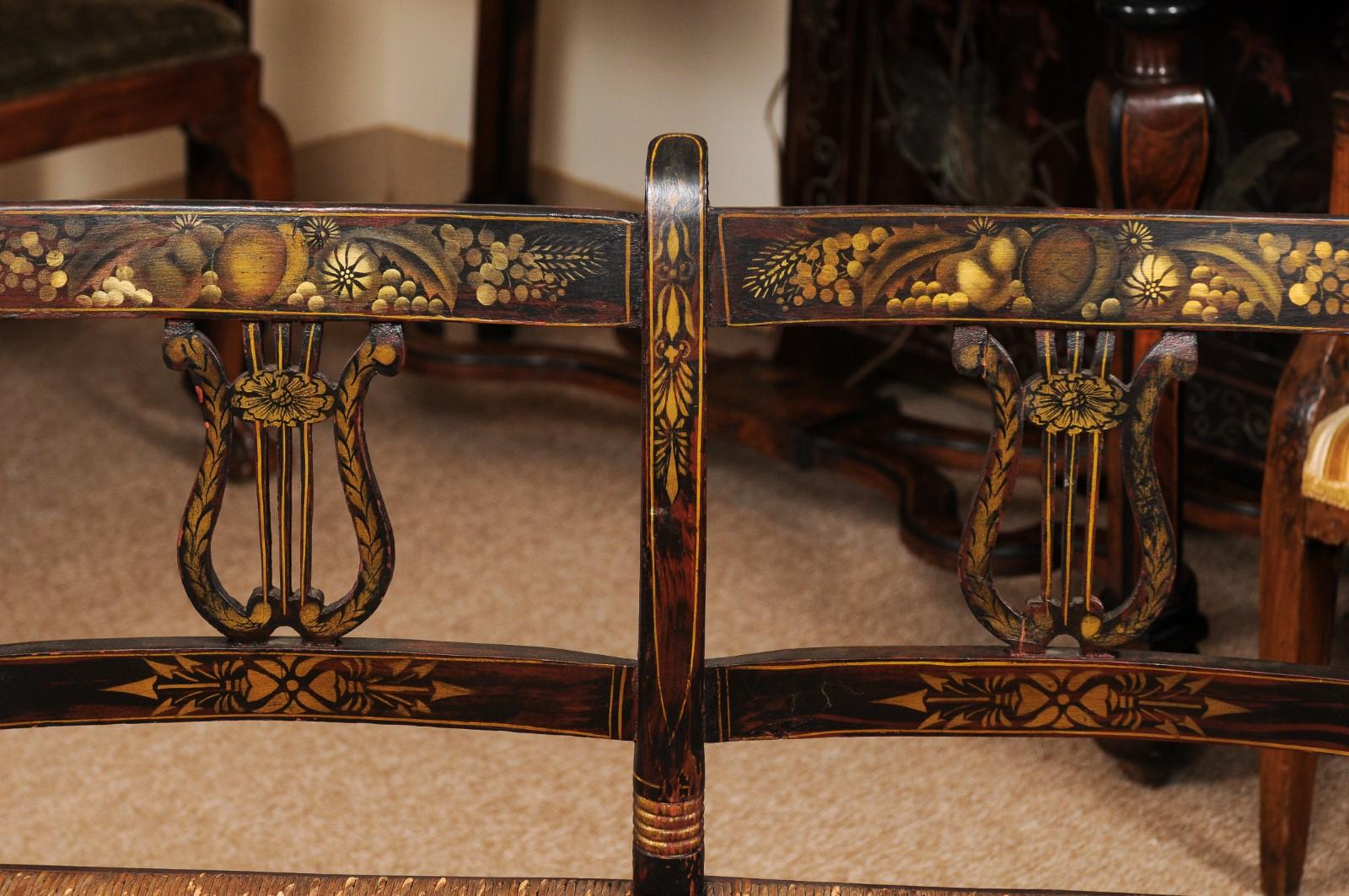 Early 19th Century Black Painted Bench with Lyre-Form Backs-Plats & Rush Seat In Good Condition For Sale In Atlanta, GA