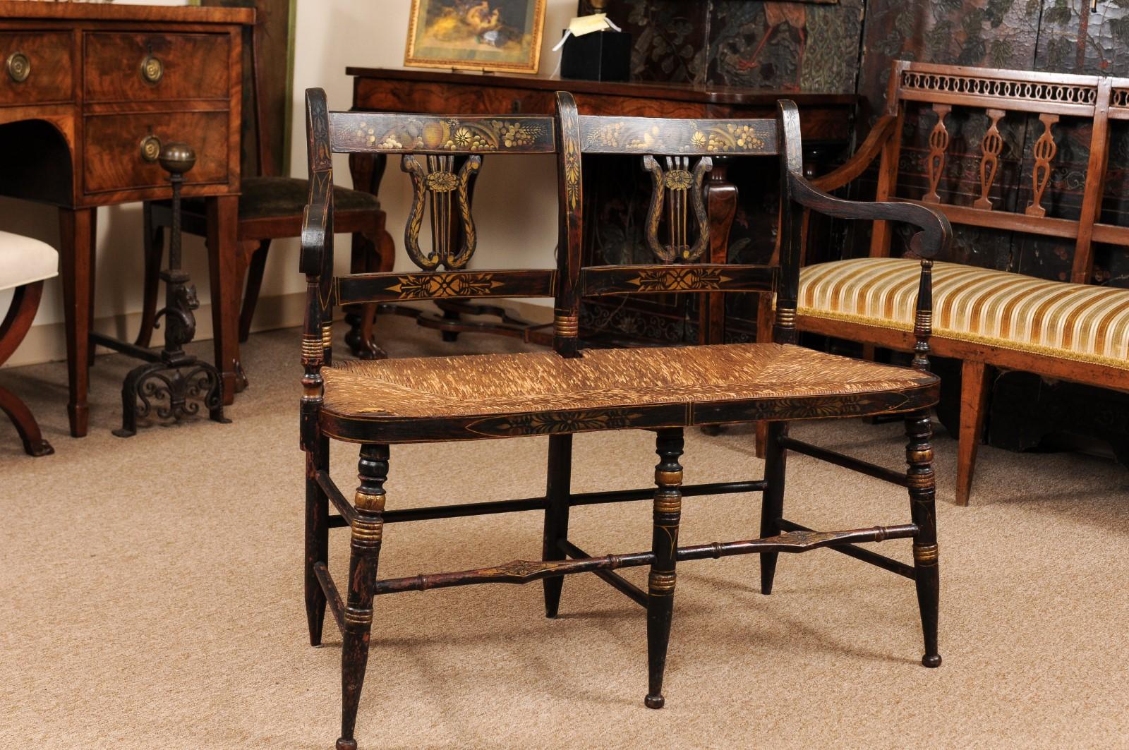 Early 19th Century Black Painted Bench with Lyre-Form Backs-Plats & Rush Seat For Sale 1