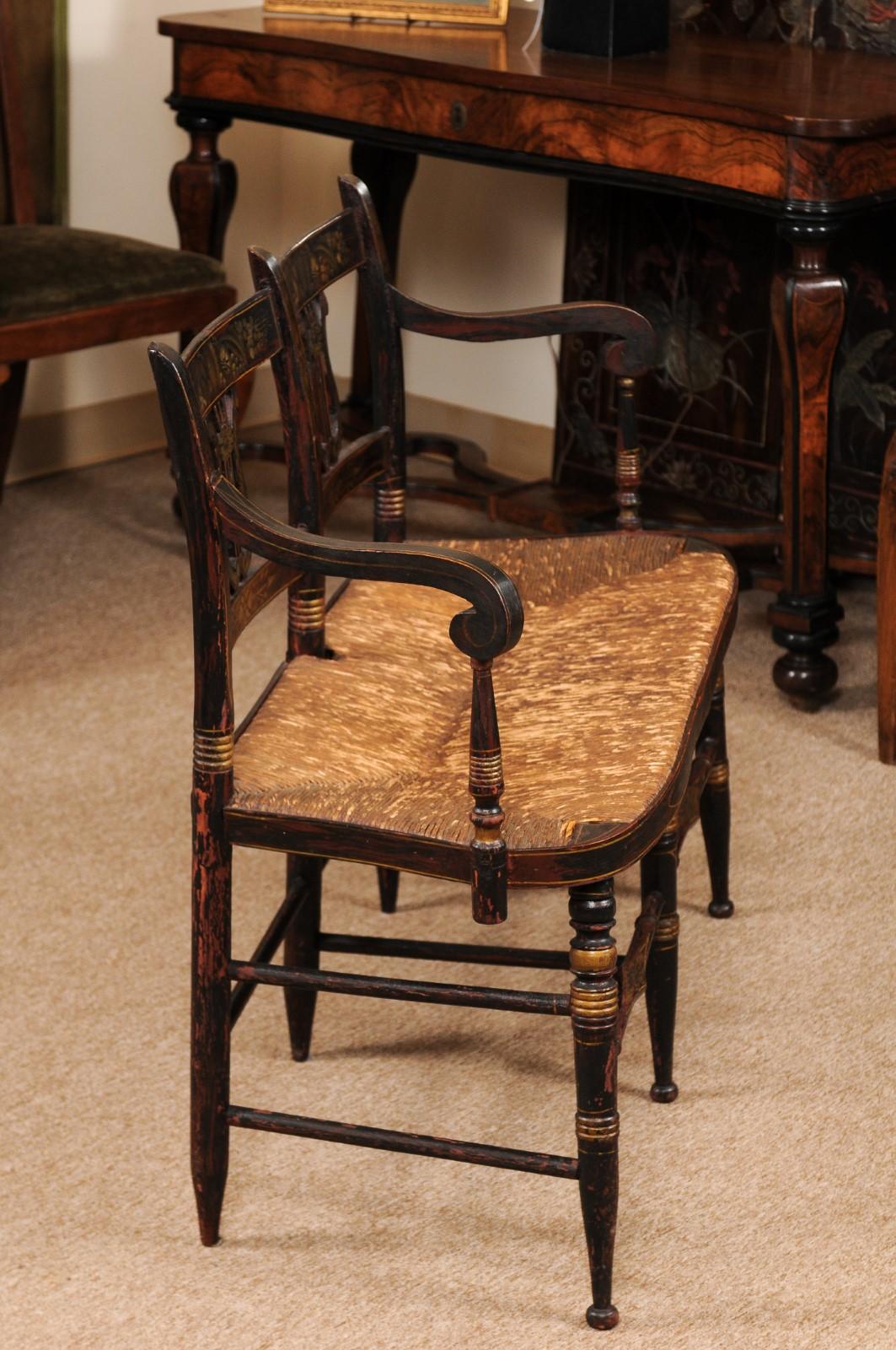 Early 19th Century Black Painted Bench with Lyre-Form Backs-Plats & Rush Seat For Sale 2