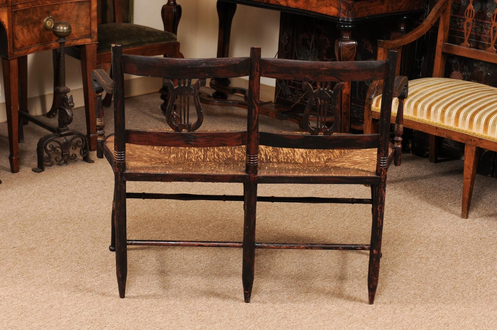 Early 19th Century Black Painted Bench with Lyre-Form Backs-Plats & Rush Seat For Sale 3
