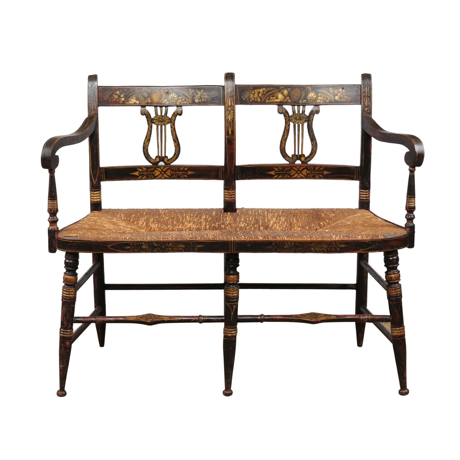 Early 19th Century Black Painted Bench with Lyre-Form Backs-Plats & Rush Seat For Sale