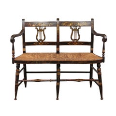 Early 19th Century Black Painted Bench with Lyre-Form Backs-Plats & Rush Seat