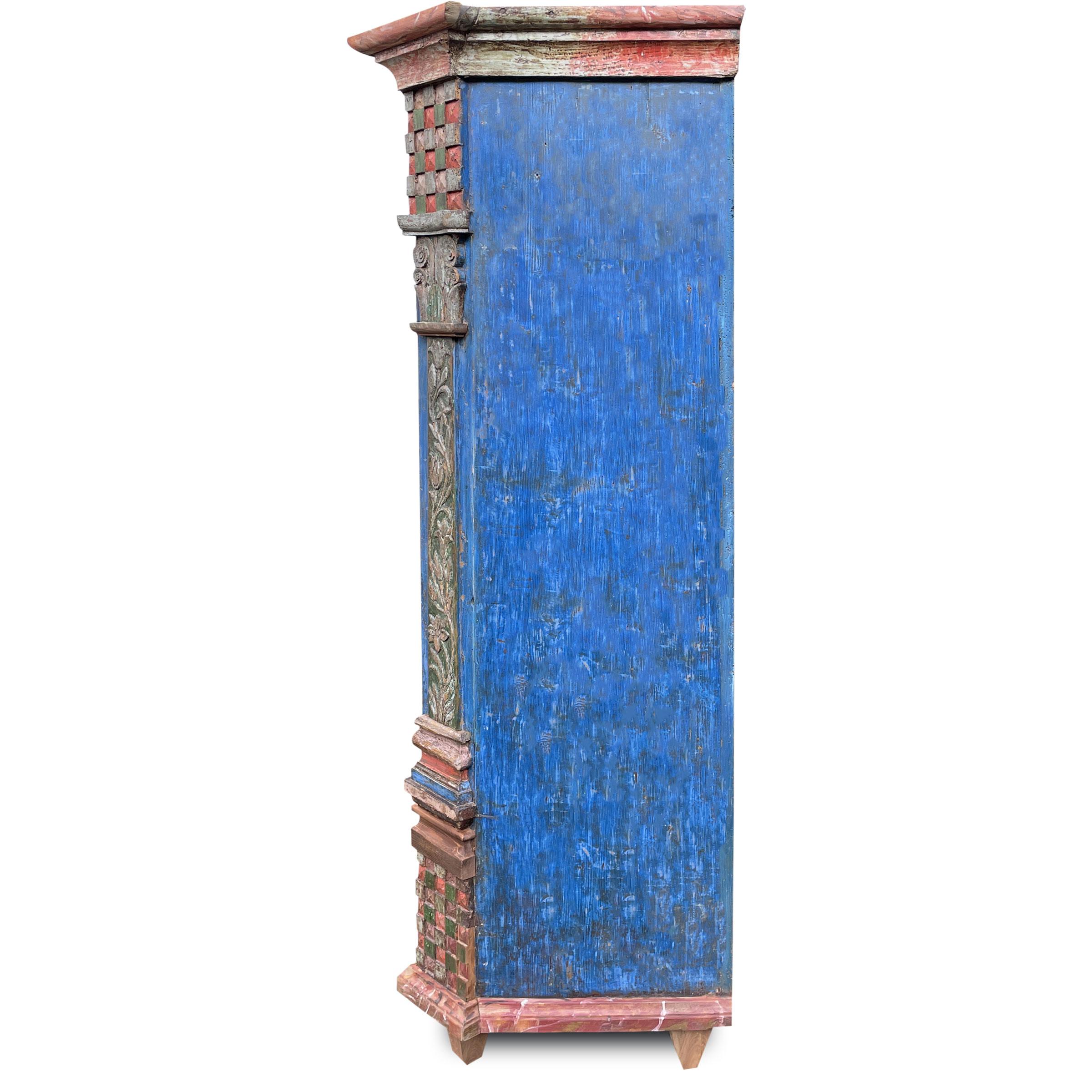 Hand-Painted Early 19th Century Blu Carved Wardrobe, Central Europe