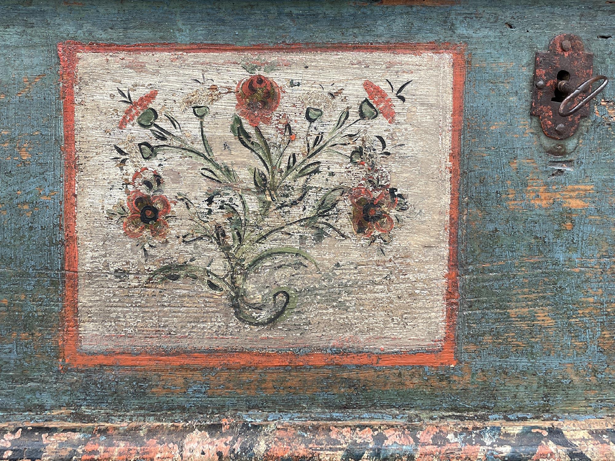 Folk Art Early 19th Century Blu Floral Painted Blanket Chest
