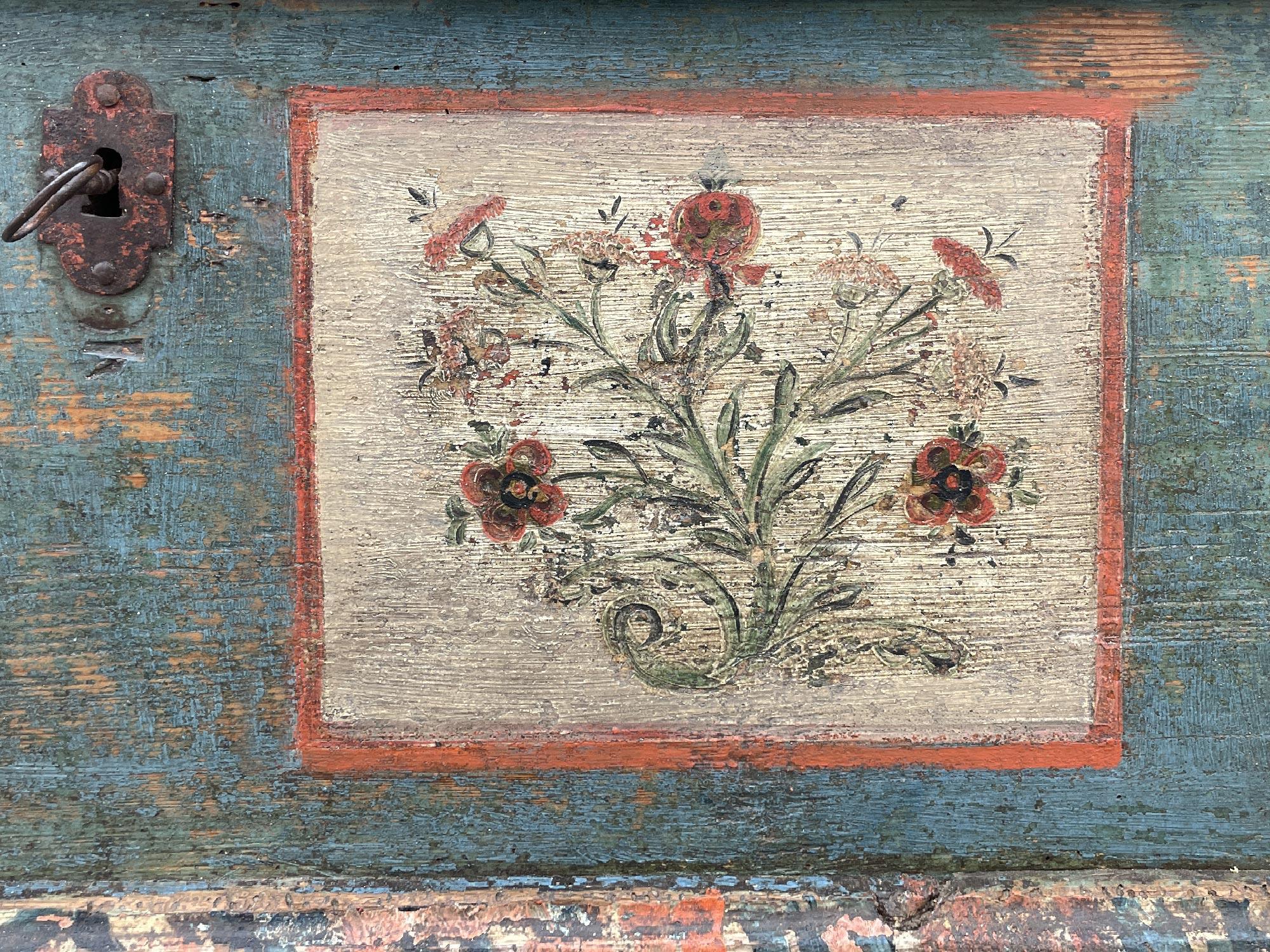 Italian Early 19th Century Blu Floral Painted Blanket Chest