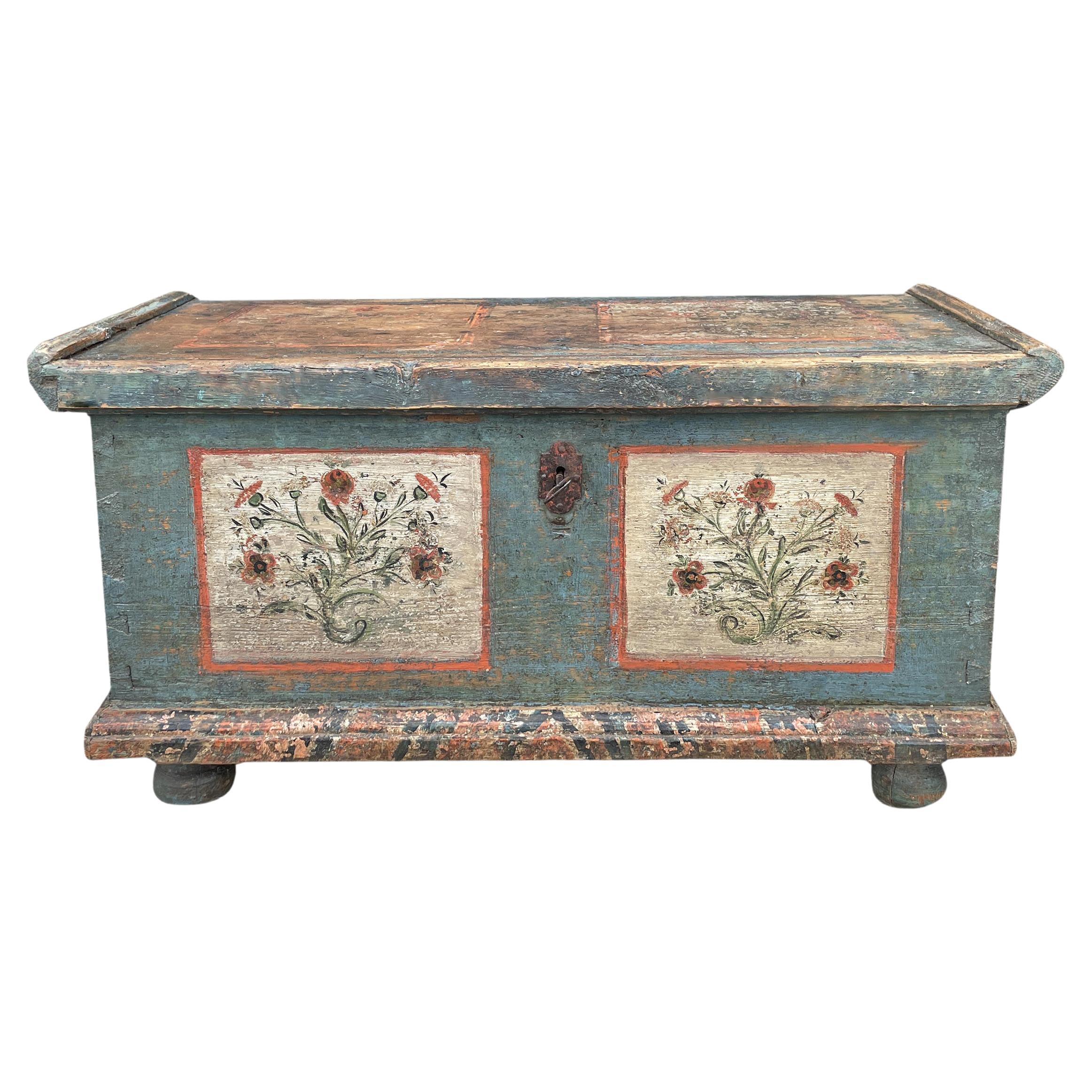 Early 19th Century Blu Floral Painted Blanket Chest