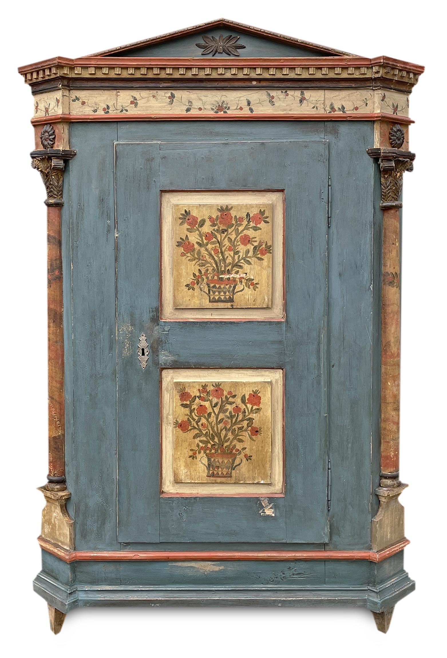 Fir Early 19th Century Blu Floral Painted Cabinet with Tympanum
