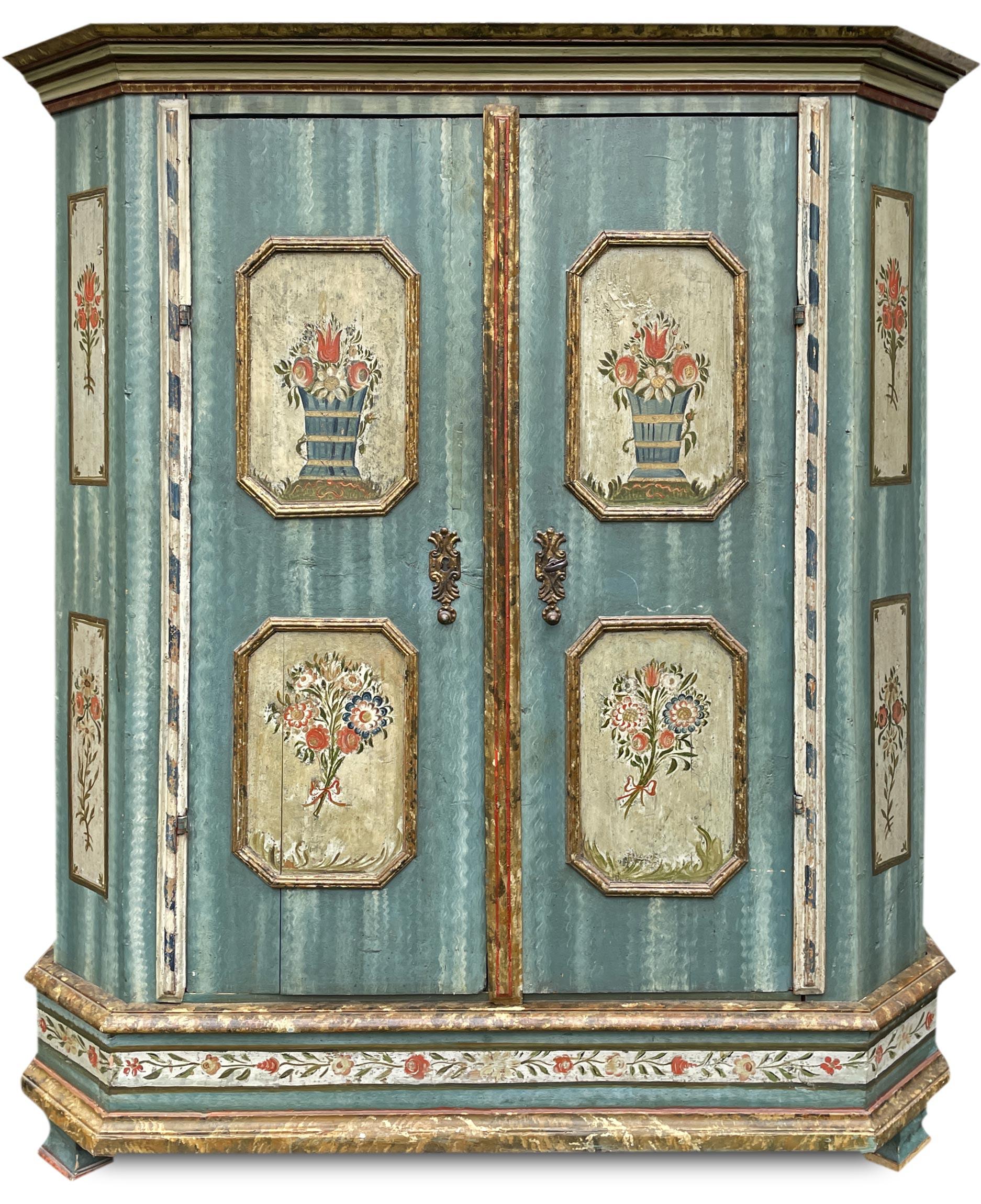 Austrian Early 19th Century Blu Floral Painted Wardrobe