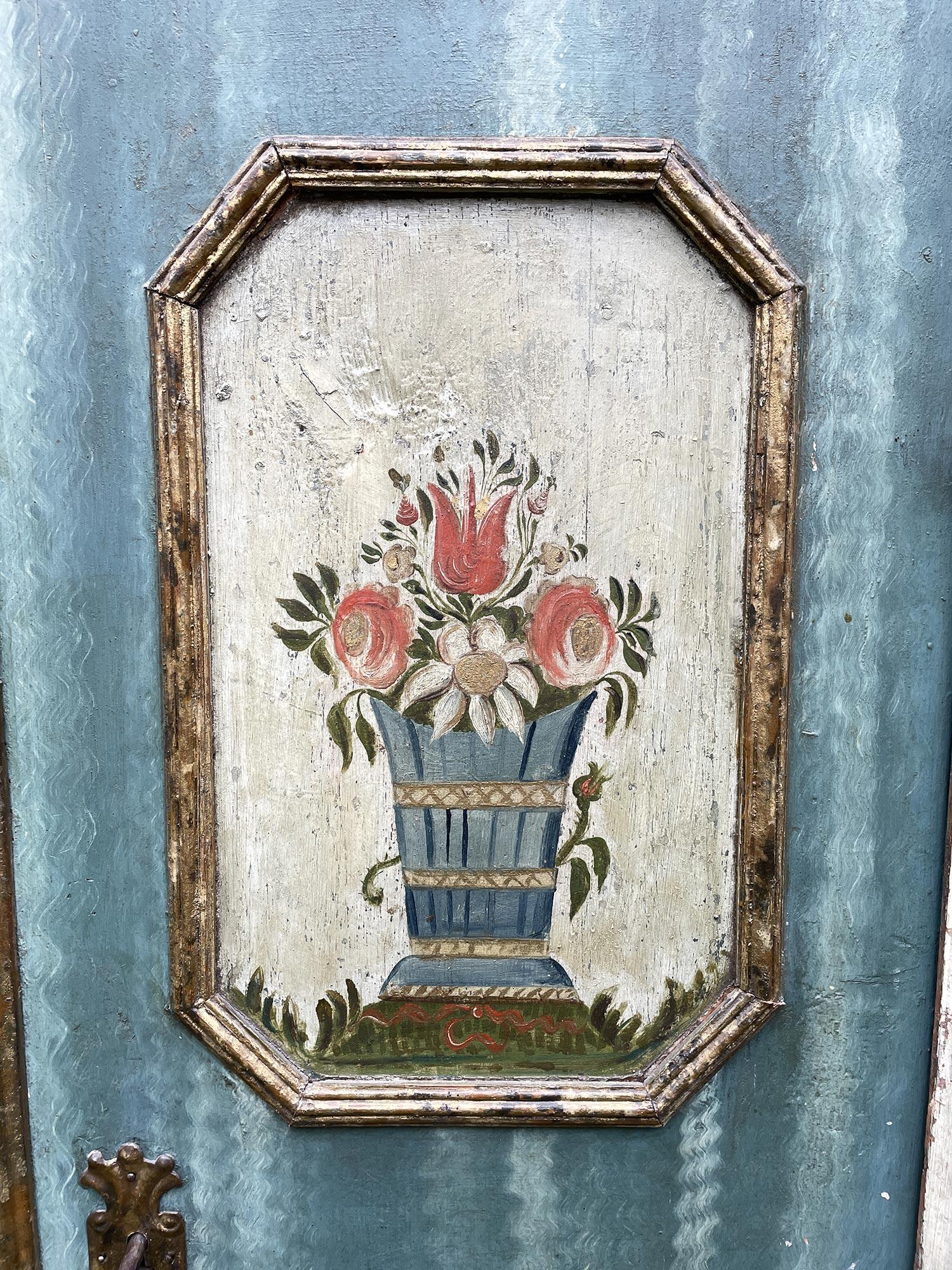 Fir Early 19th Century Blu Floral Painted Wardrobe