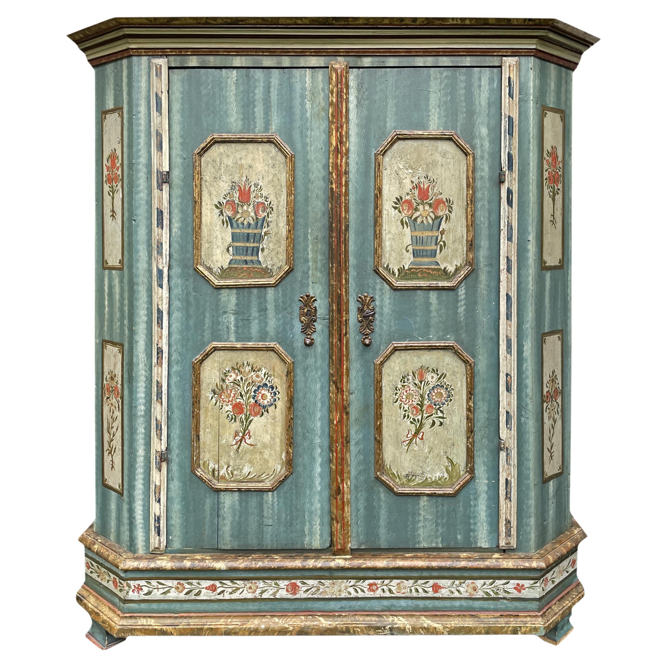 Early 19th Century Blu Floral Painted Wardrobe