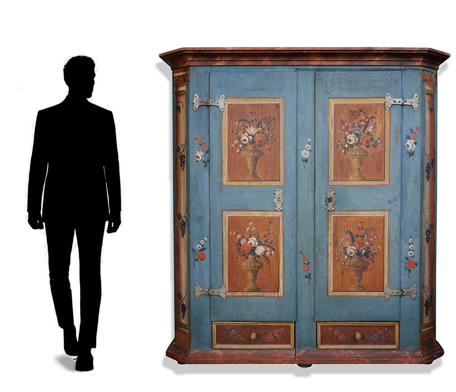 Folk Art Early 19th Century Blue Painted Floral Wardrobe