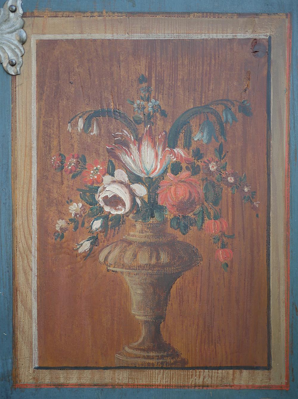 Hand-Painted Early 19th Century Blue Painted Floral Wardrobe