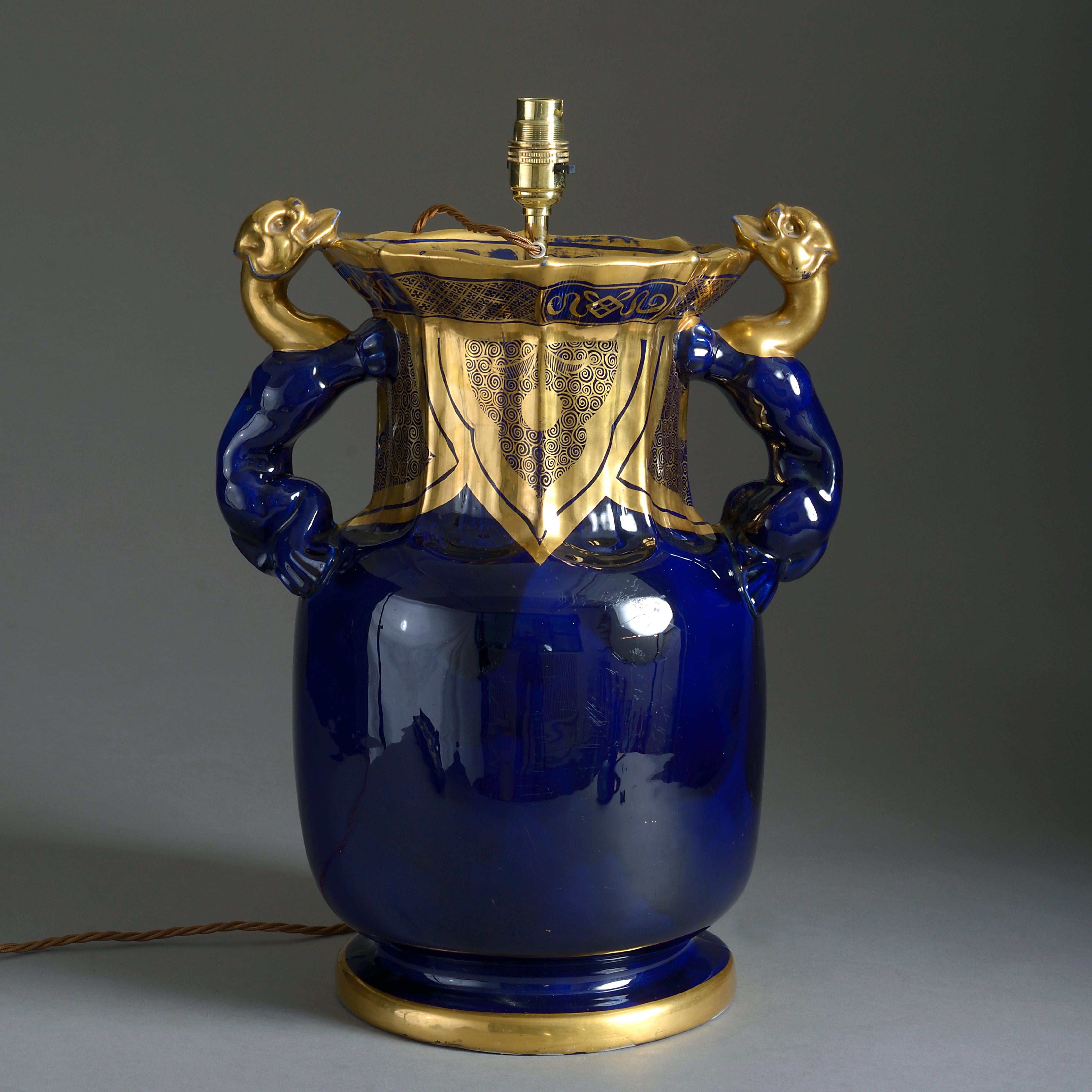 English Early 19th Century Blue and Gold Mason’s Ironstone Vase Lamp