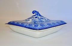 Early 19th Century Blue and White Covered Dish with East Indian Hunt Scene
