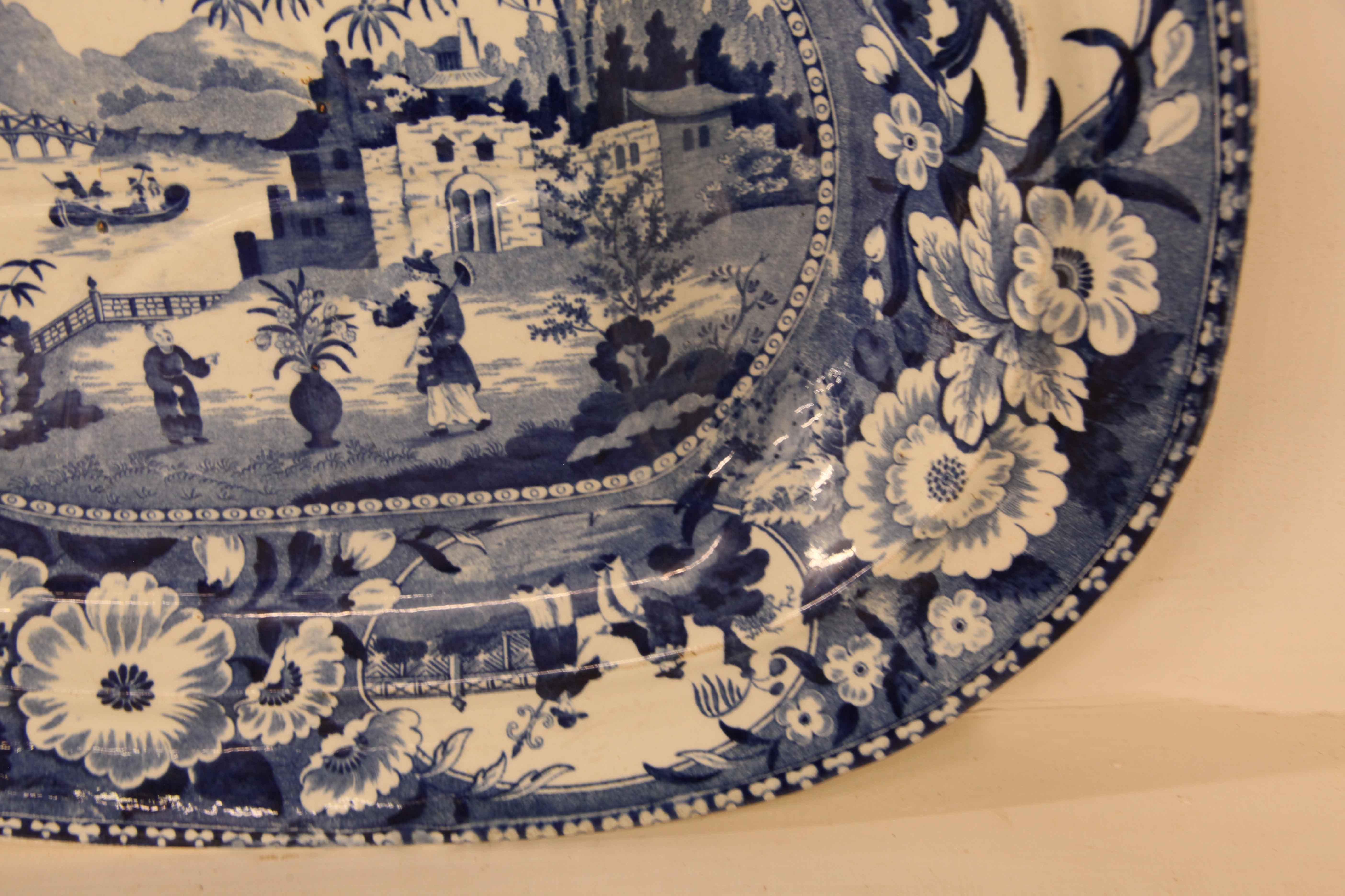 Glazed Early 19th Century Blue and White Well and Tree Platter For Sale