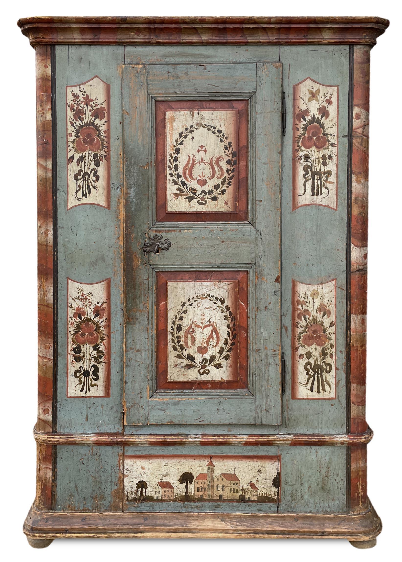 Blue Painted Cabinet Circa 1810 Circa

Measurements: H. 185 cm – L. 120 (129 at the frames) cm – D. 46 (51 at the frames) cm
Period: approximately 1810
Origin: Tyrol
Essence: Fir

Description
Beautiful antique wardrobe entirely painted in light blue