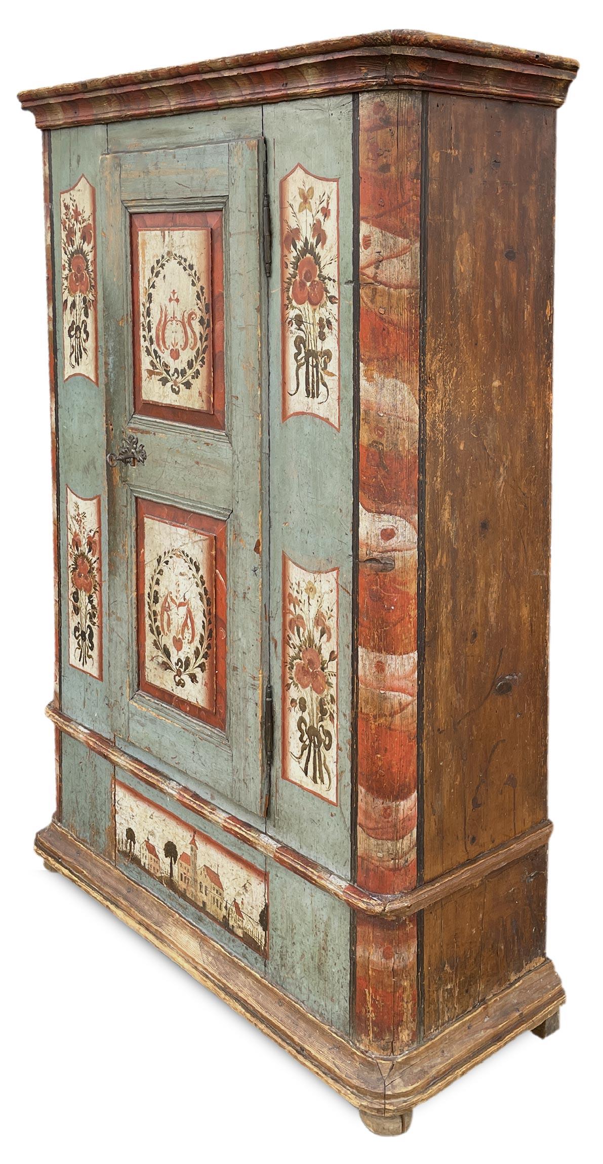Blue Painted Cabinet Circa 1810 Circa

Measurements: H. 185 cm – L. 120 (129 at the frames) cm – D. 46 (51 at the frames) cm
Period: approximately 1810
Origin: Tyrol
Essence: Fir

Description
Beautiful antique wardrobe entirely painted in light blue