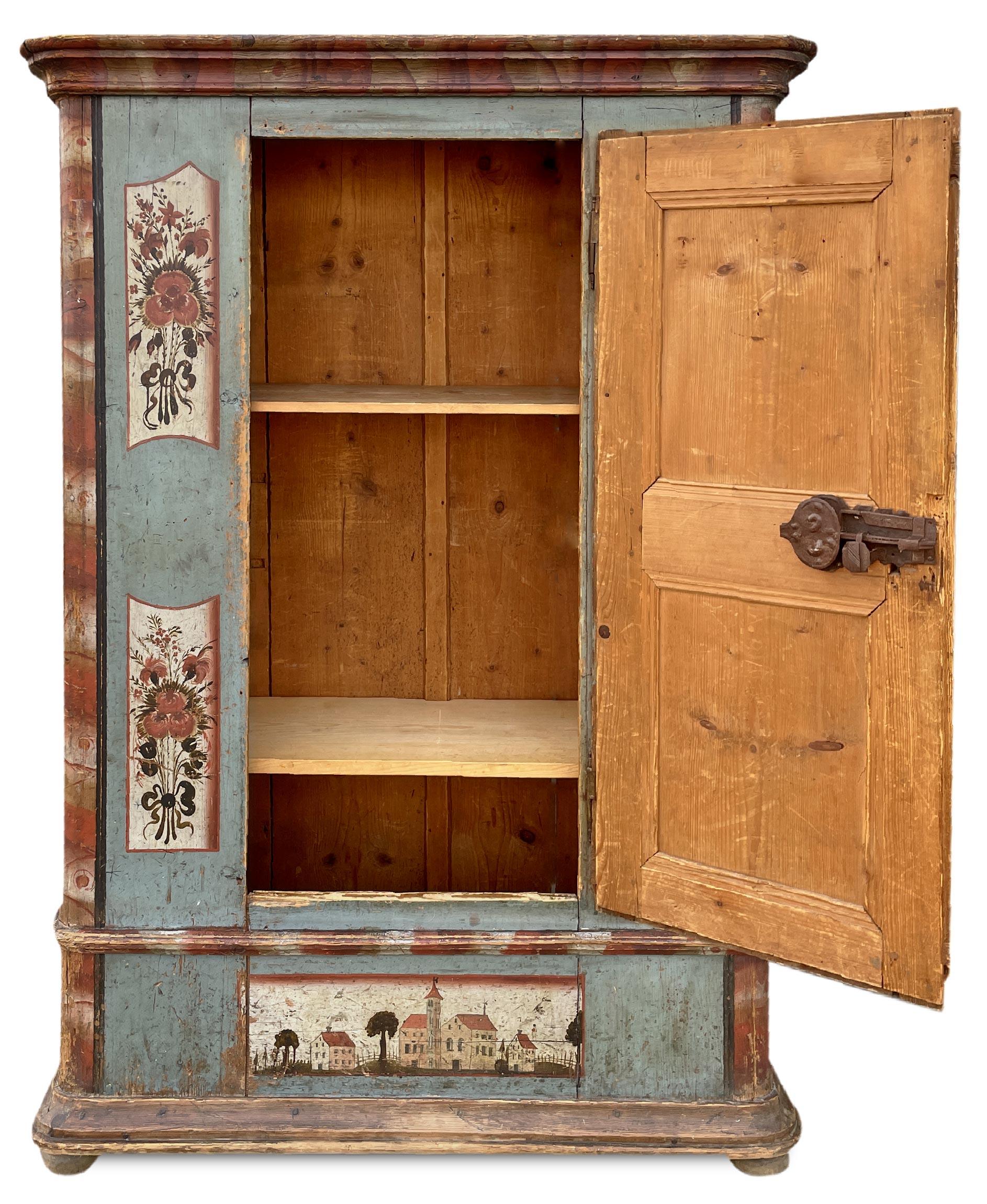 Rustic Early 19th Century Blue Floral Painted Cabinet For Sale