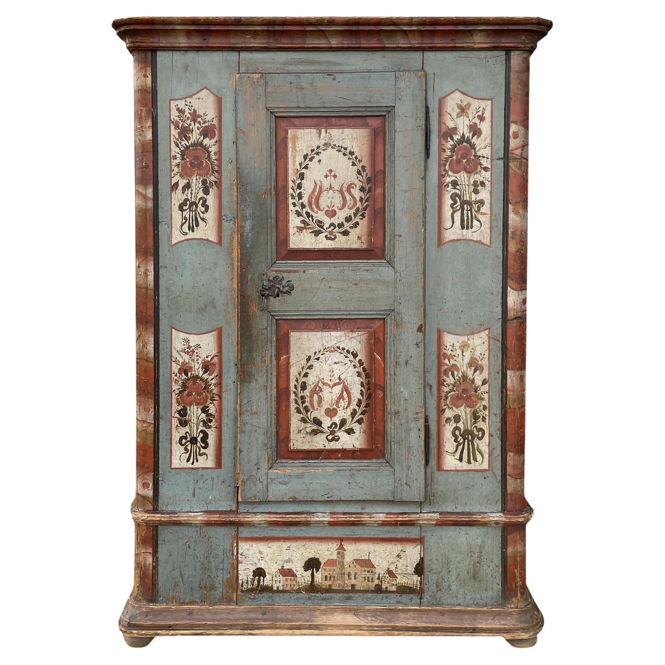 Early 19th Century Blue Floral Painted Cabinet For Sale
