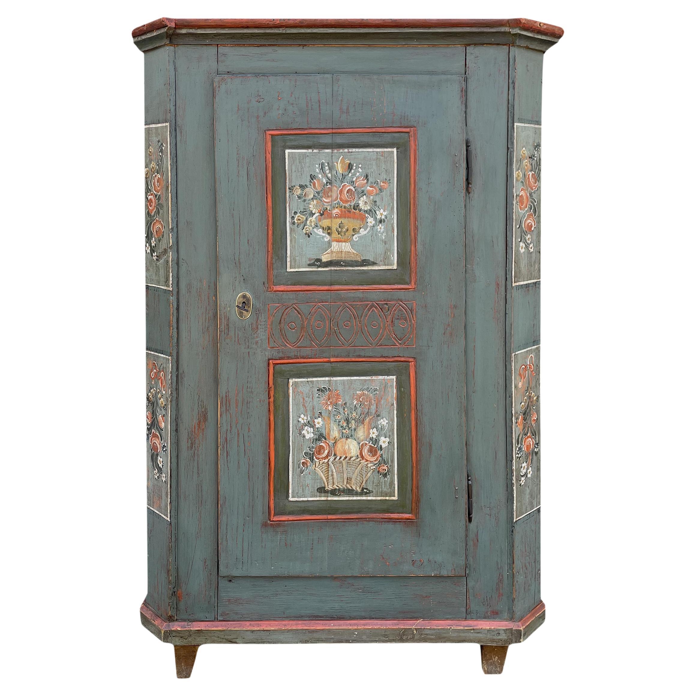 Early 19th Century Blue Floral Painted Cabinet For Sale