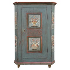 Cabinet peint en bleu et floral du début du 19e siècle