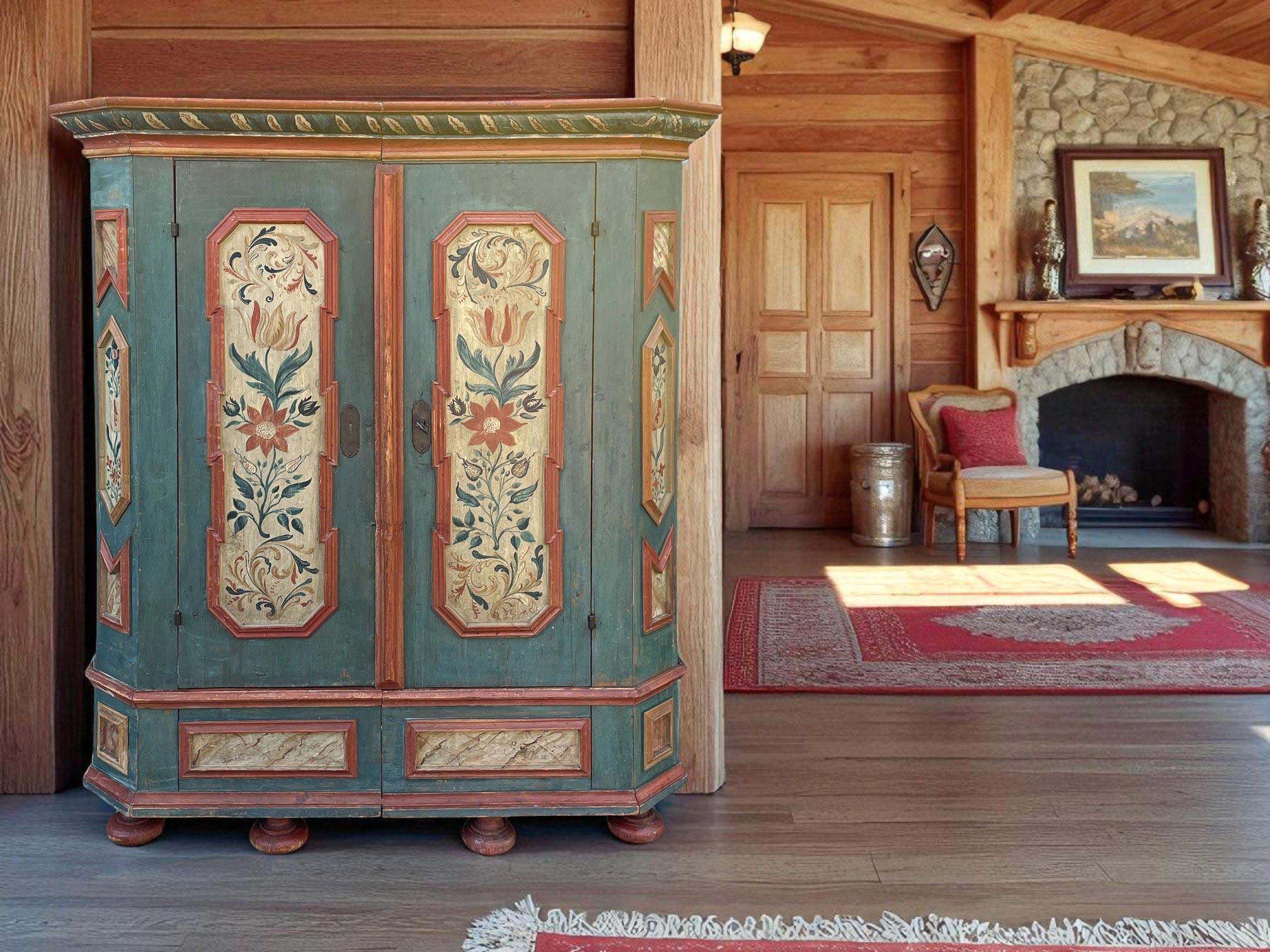 Armario pintado con flores azules de principios del siglo XIX - Alpes europeos en venta 10