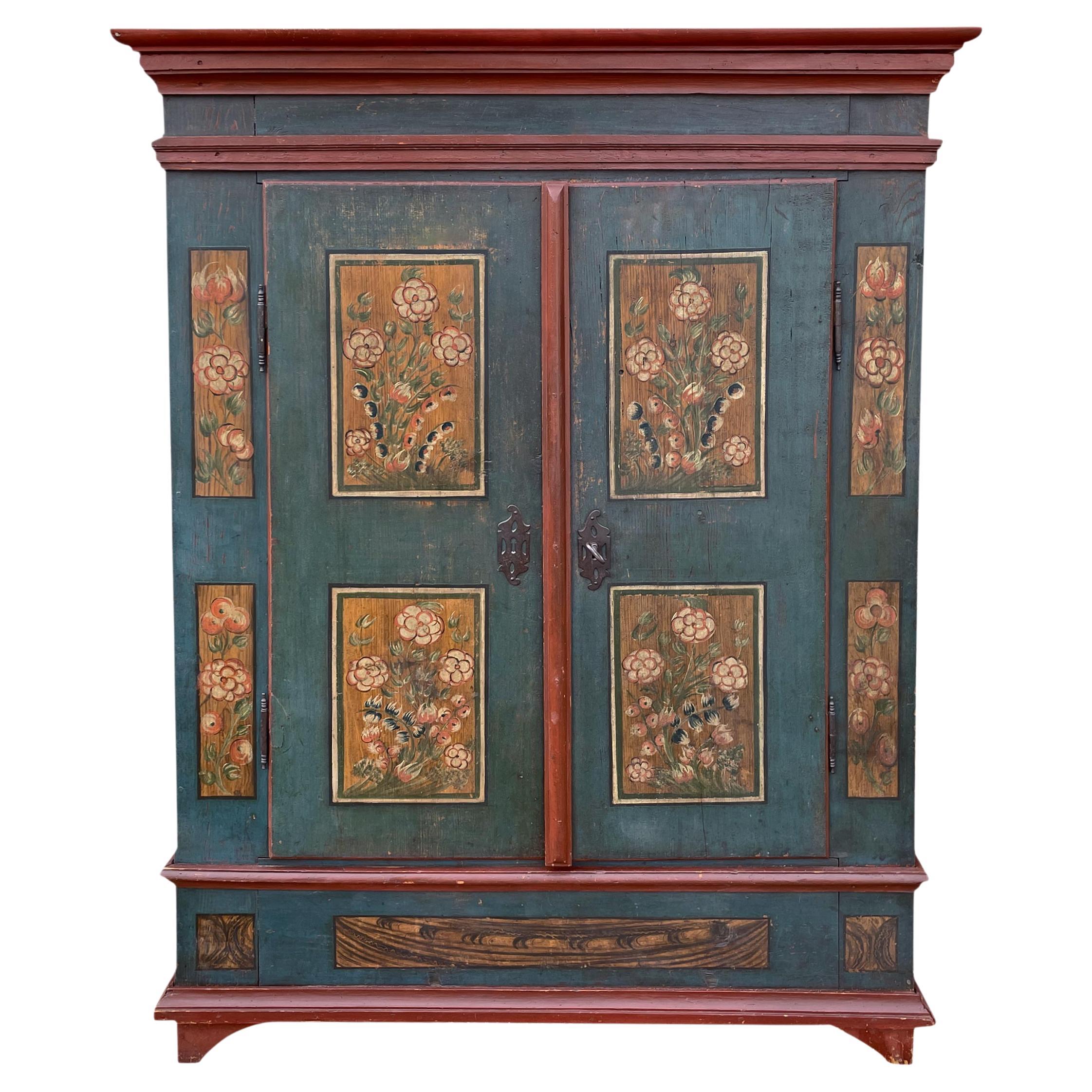 Early 19th Century Blue Floral Painted Wardrobe