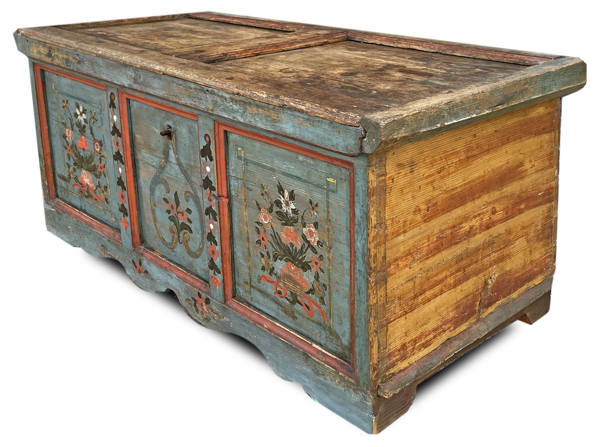 Austrian Early 19th Century Blue Floral Panted Blanket Chest For Sale