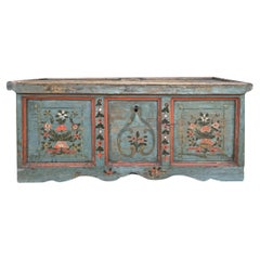 Used Early 19th Century Blue Floral Panted Blanket Chest