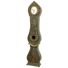 Swedish Early 19th Century Carved Wooden Mora Clock with Original Blue Paint