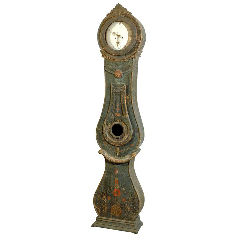 Swedish Early 19th Century Carved Wooden Mora Clock with Original Blue Paint For Sale